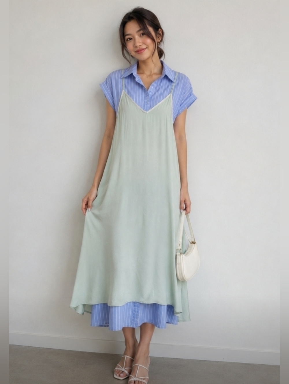 🎀🆕️ Zara XS Mint Slip over Striped Light Blue Shirt Dress with Belt